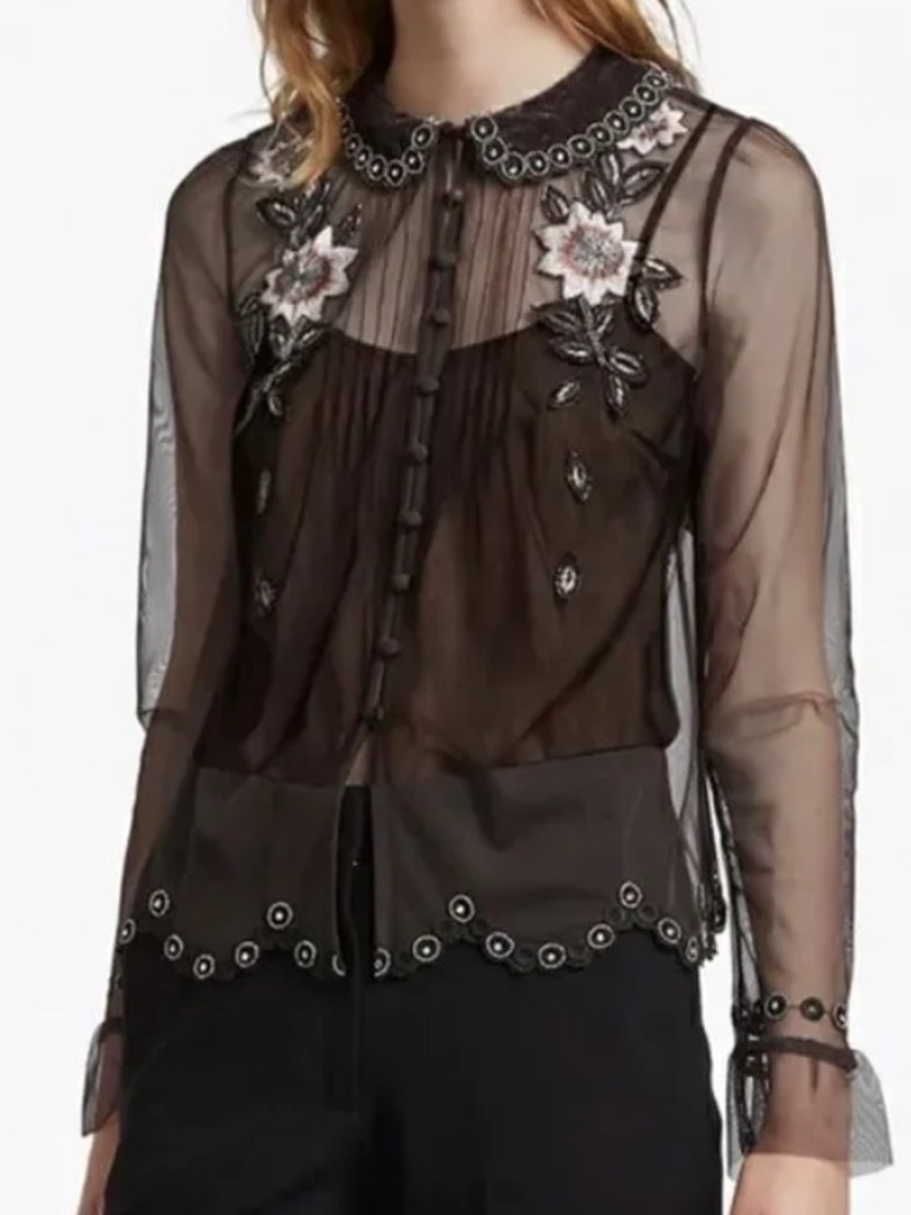 French Connection Black Sheer Embroidered Smokey Alyssa floral blouse size 2